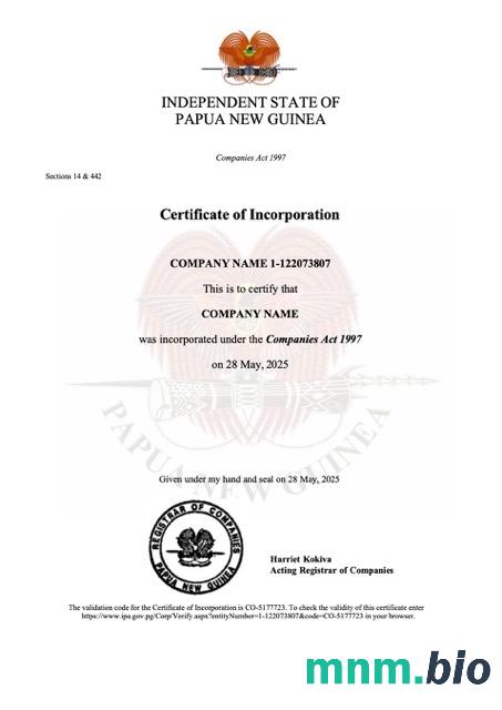 Papua Nowa Gwinea certyfikat inkorporacji Word i PDF szablon